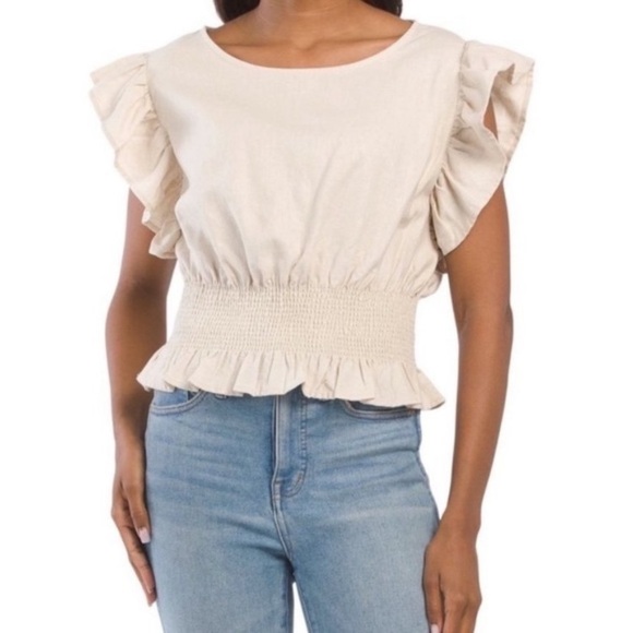 Cupcakes and Cashmere beige linen blend flutter sleeve top with smocked waist - Picture 1 of 7